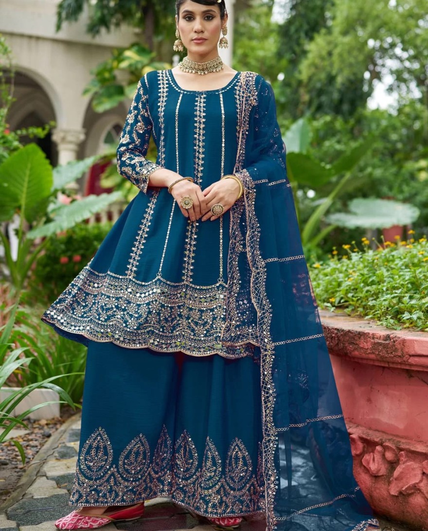 BLUE - Embroidered and Mirror Work Chinon Salwar Suit In Teal for Ceremonial